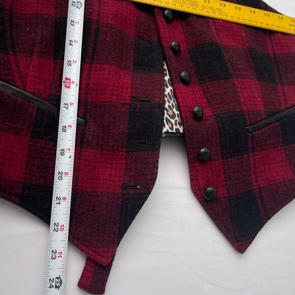 Tasha Polizzi Wool Plaid Vest Red Black Quilted Faux Leather Back Lined Womens M - Picture 9 of 10